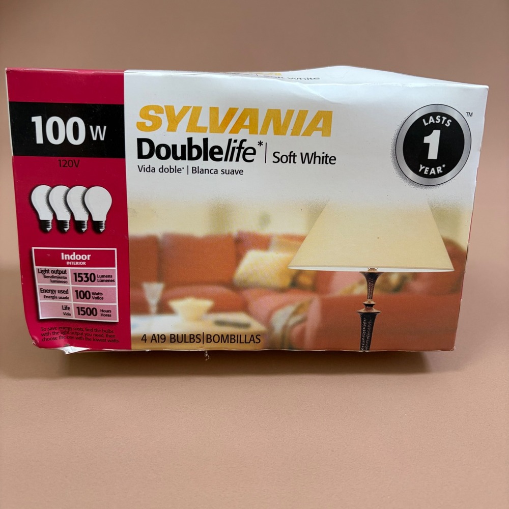 Sylvania 100W Double Life Soft White A19 Incandescent Light Bulbs 4 Pack 120V